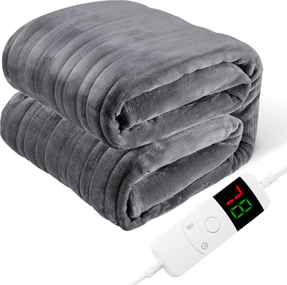 Flannel Heated Throw Blanket Fast Heating Twin Size Electric Blanket for Sofa Couch with Single 10 Heating Setting Controller, 1/2/4/6/8H Selectable Auto Shut off Settings, 62"X84", Grey